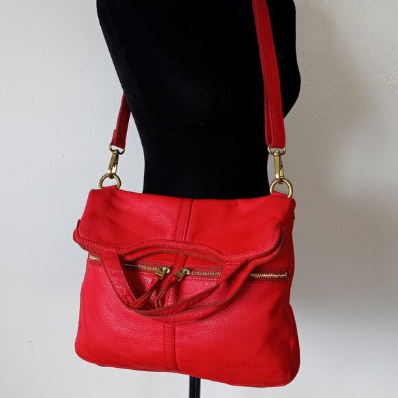 Fossil Handbags - Vintage FOSSIL Fold-over Convertible Crossbody Bag Lipstick Red Pebbled Leather